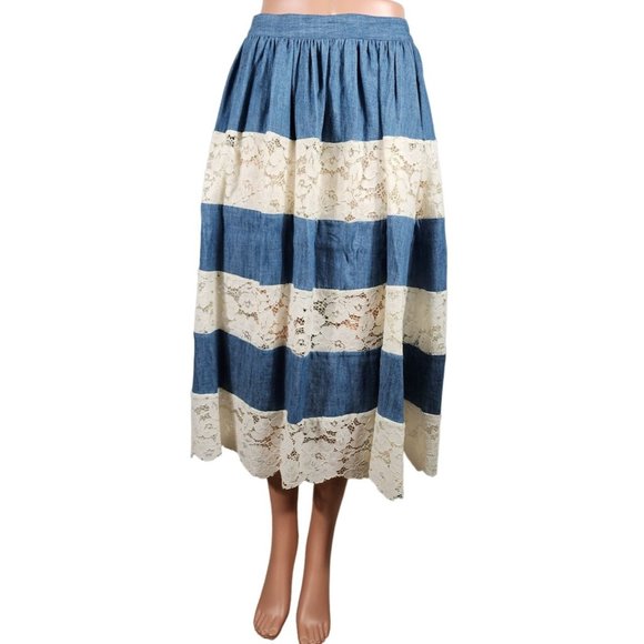 Alice + Olivia NWT Blue Lace Midi Skirt Indigo Cream Floral...